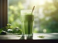 Delicious green matcha latte tea in a tall glass. Aromatic refreshing green mint smoothie in a glass. Generative AI Royalty Free Stock Photo