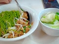 Asian delicious pasta, green noodles and dumplings