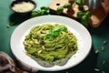 Delicious green pasta dish with pesto sauce and fresh herbs