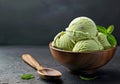 Delicious green tea ice cream in a wooden bowl Royalty Free Stock Photo