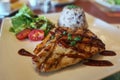 A delicious grill chicken steak on white plate Royalty Free Stock Photo