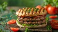 Delicious Grilled Beef Burger with Lettuce, Cheese, and Fresh Tomato on a Rustic Wooden Table Royalty Free Stock Photo