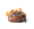 Delicious grilled beef medallion with fried potatoes isolated