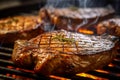 Delicious grilled beef steak with crosshatch pattern on a rack cooked on open fire. Traditional American cuisine holiday food