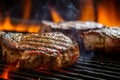 Delicious grilled beef steak with hatched marks on a rack cooked on open fire. Traditional American cuisine holiday food