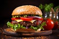Delicious grilled burger on black background