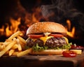 delicious grilled burger with fries.