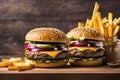 Delicious grilled burgers with fries, AI Generative