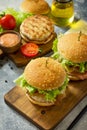 Delicious grilled burgers, hamburger sandwich with cutlet of chicken meat, melted cheese, tomatoes and bacon Royalty Free Stock Photo