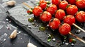 Delicious Grilled Cherry Tomatoes on Skewers: A Perfect Harmony of Olive Oil, Garlic, Salt, and Pepp