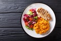 Delicious grilled chicken with garnish of sweet potato and fresh Royalty Free Stock Photo
