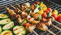 delicious grilled chicken meat shish kebob or kabob with vegetables on barbecue grill with smoke and flames. popular outdoor Royalty Free Stock Photo