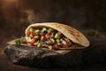Delicious grilled chicken shawarma with fresh vegetables and pita bread on rustic stone surface Royalty Free Stock Photo