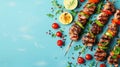 Delicious Grilled Chicken Skewers with Fresh Vegetables on a Light Blue Background Perfect for Summer BBQs and Outdoor Picnic Royalty Free Stock Photo