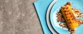 Delicious grilled corn cob and space for text on table. Banner design Royalty Free Stock Photo
