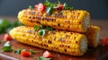 Delicious grilled corn on the cob topped with fresh herbs and tomatoes Royalty Free Stock Photo