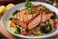 Grilled Salmon Steak Salmon Fillet Seafood Dish, gourmet style Royalty Free Stock Photo