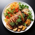 Delicious Grilled Fish With Vegetables And Potatoes On A Plate