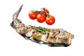 Delicious grilled hake with fresh thyme and tomatoes. Isolated on white background. Top view.