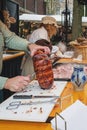 Delicious grilled ham for sale at the Dickens festival in Deventer, Netherlands