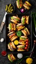 Delicious grilled homemade burgers with beef, tomatoes, cheese, onions and salad. Burger menu. Royalty Free Stock Photo