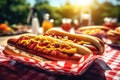 Delicious Grilled Hot Dogs Mustard, Ketchup, and Relish on a Picnic Napkin. created with Generative AI