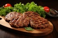 Delicious grilled juicy meat burger patty on wooden board, perfect for satisfying cravings