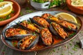 Delicious Grilled Mussels with Herbs, Lemon, and Sauce on Wooden Rustic Table Seafood Culinary Delights Concept