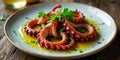 Delicious grilled octopus tentacles with lemon butter sauce and fresh herbs on a rustic table. Generative AI Royalty Free Stock Photo