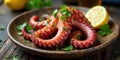 Delicious grilled octopus tentacles with lemon and herbs on rustic wooden table. Generative AI Royalty Free Stock Photo