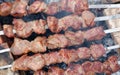 Delicious grilled pork meat in BBQ Barbecue with pork meat. Kebabs on the grill. Close-Up Of Meat On Barbecue Grill With Smoke Royalty Free Stock Photo