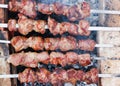 Delicious grilled pork meat in BBQ Barbecue with pork meat. Kebabs on the grill. Close-Up Of Meat On Barbecue Grill With Smoke Royalty Free Stock Photo