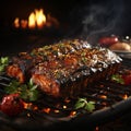 Delicious grilled ribs on barbecue grill, close-up. Food background