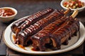 Delicious grilled ribs with barbecue sauce. AI Generated