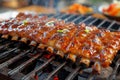 Delicious grilled ribs glazed with barbecue sauce