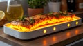 Delicious grilled salmon fillet on tech enabled plate, illuminated with warm light, garnished with herbs, creating inviting
