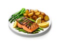 delicious grilled salmon steak and asparagus on white background, Ai Generated Royalty Free Stock Photo