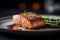 Delicious grilled salmon with steamed asparagus on a minimalist white plate on dark background, generative AI