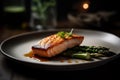 Delicious grilled salmon with steamed asparagus on a minimalist white plate on dark background, generative AI