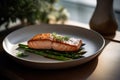 Delicious grilled salmon with steamed asparagus on a minimalist white plate on dark background, generative AI