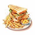 Delicious Grilled Sandwich With Fries And Salad In Watercolor Style Royalty Free Stock Photo