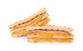 Delicious grilled sandwiches with ham and cheese isolated on white