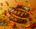 Delicious Grilled Sausages Flying with Spices and Vegetables on a Warm Toned Background, Dynamic Food Concept Royalty Free Stock Photo