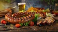 Delicious grilled sausages with french fries and vegetables Royalty Free Stock Photo