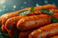 Delicious grilled sausages with fresh herbs Royalty Free Stock Photo