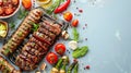 Delicious Grilled Sausages and Fresh Vegetables on Rustic Cutting Board with Spices and Herbs Arrangement in a Culinary Royalty Free Stock Photo