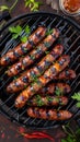 Delicious Grilled Sausages with Rich Barbecue Sauce and Fresh Herbs on Backyard Barbecue Grill for Summer Cookout with Friends and Royalty Free Stock Photo