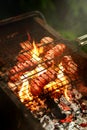 Delicious grilled sausages roasting on flame on grate in smoke o