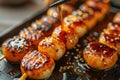 Delicious Grilled Scallops with Sesame Seeds and Glaze on Skewers, Gourmet Seafood Closeup