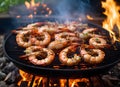 Delicious grilled shrimp meal on grill with a flame